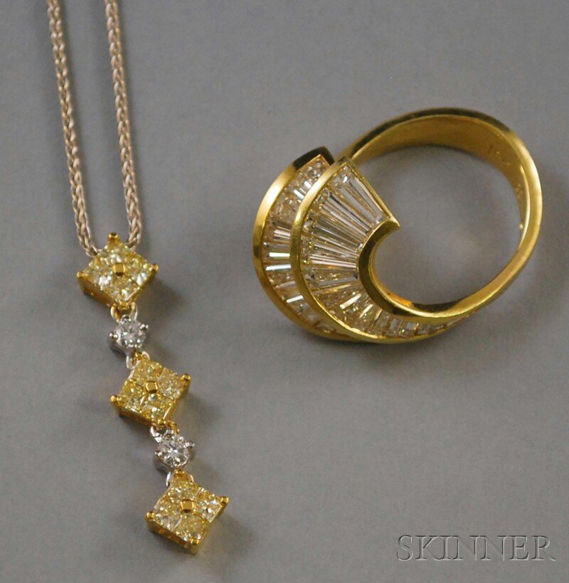 Two Gold and Diamond Jewelry Items, an 18kt yellow: Two Gold and Diamond Jewelry Items, an 18kt yellow gold and baguette diamond abstract ring, size 8 1/4, and a 22kt bicolor gold, yellow diamond, and white diamond pendant, on 18kt white gold chain, to