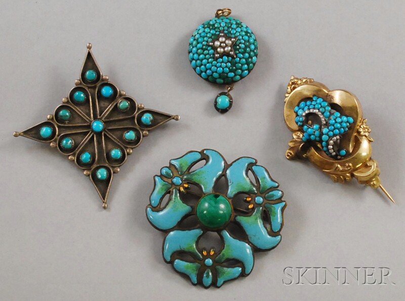 Four Hardstone Jewelry Items, a turquoise pendant/: Four Hardstone Jewelry Items, a turquoise pendant/locket, two turquoise brooches, and a malachite and enamel brooch.