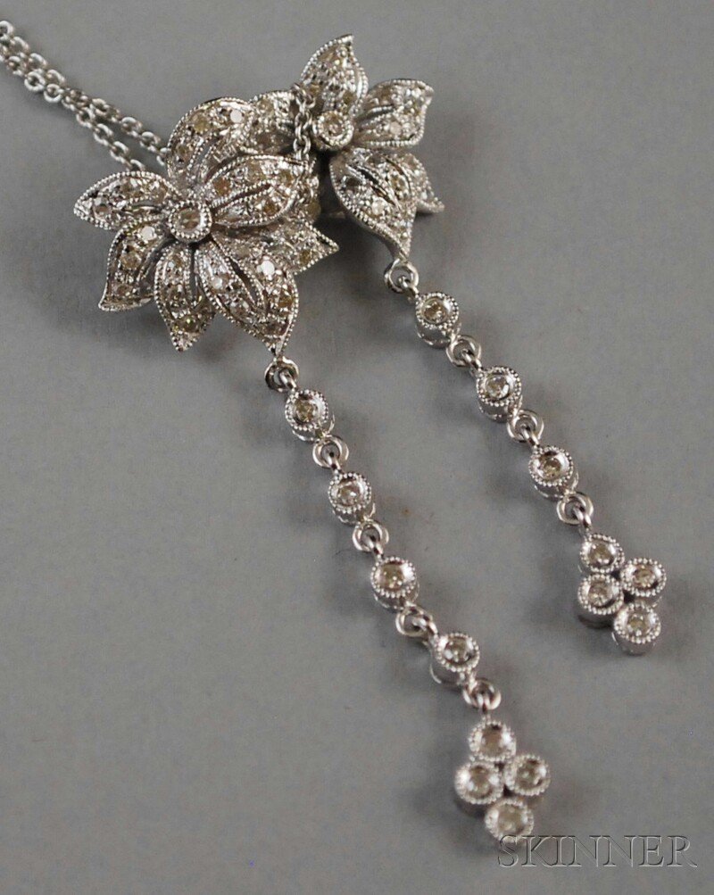 14kt White Gold and Diamond Necklace, the pendant: 14kt White Gold and Diamond Necklace, the pendant of two diamond flowers, each with small diamond tassel, on 14kt white gold chain, total 3.6 dwt, lg. 16 1/2 in.