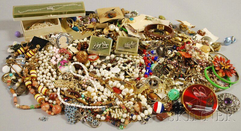 Group of Mostly Costume Jewelry, including beaded: Group of Mostly Costume Jewelry, including beaded necklaces, earclips, bangles, cuff links, some paste and rhinestone, fashion wristwatches, two sterling silver charm bracelets, and other items.