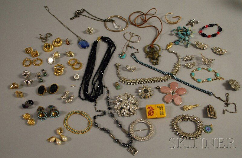 Small Group of Costume Jewelry, including numerous: Small Group of Costume Jewelry, including numerous paste and rhinestone pieces and pairs of earrings, some signed, makers include Beau Sterling, Longcraft, Monet, Yves Saint Laurent, Givenchy, Trifari