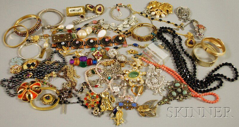 Assorted Group of Costume Jewelry, including brace: Assorted Group of Costume Jewelry, including bracelets, bangles, beaded necklaces, brooches, and other items, including some silver and some signed pieces, makers include Coro, Marvella, and Swarovski