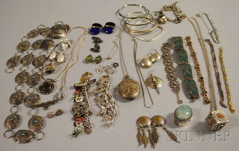 Group of Mostly Sterling Silver Jewelry, including: Group of Mostly Sterling Silver Jewelry, including several bangles, a vintage Mexican hardstone-inlaid bracelet, a concha belt, three travel-themed charm bracelets, an Italian gilt sterling silver bra