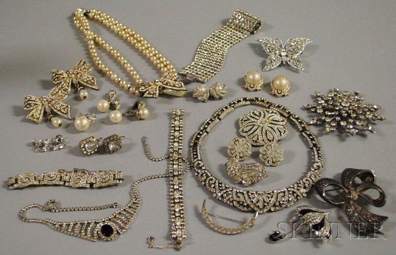 Group of Paste, Rhinestone, and Pearl Costume Jewe: Group of Paste, Rhinestone, and Pearl Costume Jewelry, including a Weiss bracelet, a Carolee necklace, brooch, and earrings, a Swarovski umbrella brooch, a pair of Coro earrings, and other items.