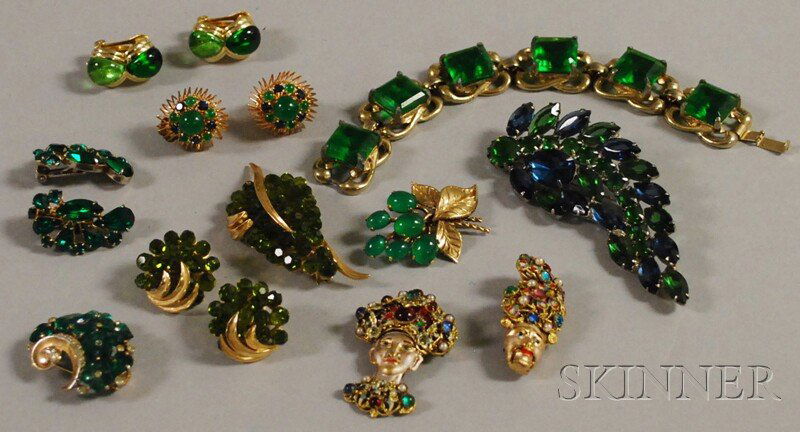 Small Group of Mostly Paste and Gem-set Costume Je: Small Group of Mostly Paste and Gem-set Costume Jewelry, including a large blue and green paste Weiss brooch, a Trifari gold-tone and green paste brooch and matching earclips, a single Trifari green p
