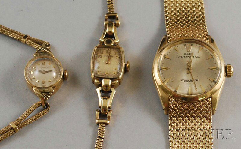 Three 14kt Gold Wristwatches, a Hamilton, a Longin: Three 14kt Gold Wristwatches, a Hamilton, a Longines, and a faux Rolex "Oyster Perpetual," the Hamilton 7.3 dwt not including movement, lg. 7 1/4; the Longines with 17-jewel movement, total 6.1 dwt no