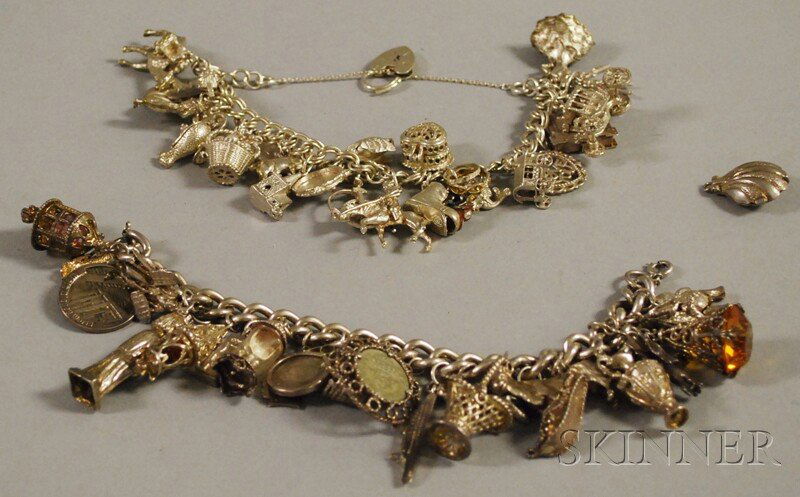Two Silver Charm Bracelets, each with a large numb: Two Silver Charm Bracelets, each with a large number of silver and white metal charms, some articulated, lg. to 8 in.