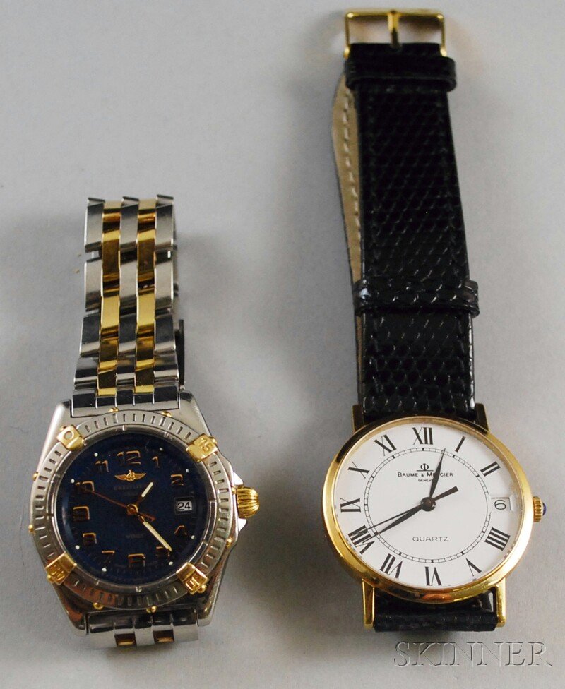 Two Wristwatches, a Breitling Windrider Wings with: Two Wristwatches, a Breitling Windrider Wings with two-tone stainless steel and 18kt gold band, date aperture, and deployment clasp, and a 14kt gold Baume & Mercier, with Roman numeral indicators, dat