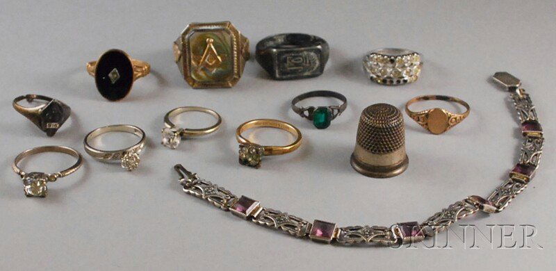 Small Group of Jewelry, mostly sterling silver and: Small Group of Jewelry, mostly sterling silver and gold rings, including a sterling silver and abalone Masonic ring, several additional sterling rings, some gem-set, a sterling silver bracelet, and fo
