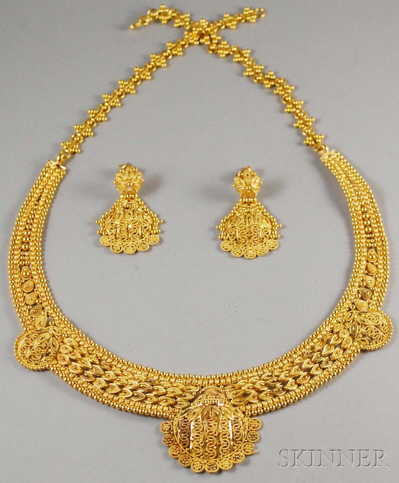 Middle Eastern 21kt Granulated Gold Filigree Neckl: Middle Eastern 21kt Granulated Gold Filigree Necklace and Earpendants, (some damage), total 37.0 dwt, necklace lg. 17 1/2, earpendants lg. 1 3/8 in.