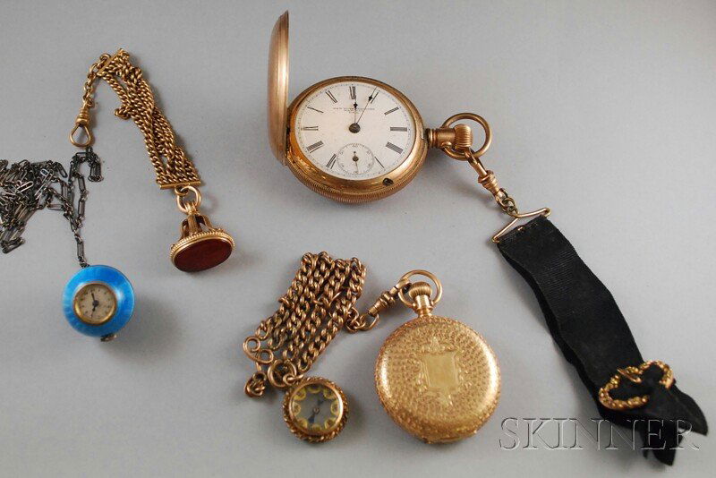 Three Watches and a Fob, a New York Standard Watch: Three Watches and a Fob, a New York Standard Watch Co. gold-filled hunting case pocket watch, an Illinois hunting case pocket watch with 14kt gold outer case and compass fob, a small sky blue guilloch