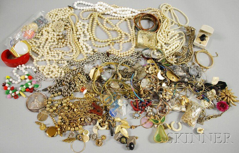 Two Bags of Costume Jewelry, including many faux p: Two Bags of Costume Jewelry, including many faux pearl necklaces, chains, bracelets, necklaces, earrings, and other items.