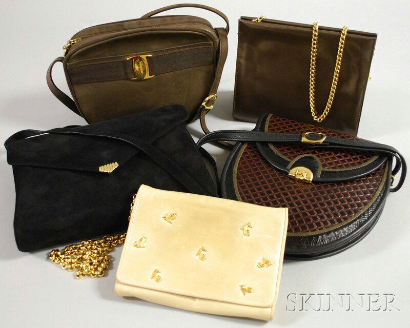 Four Ferragamo Leather Purses, vintage and contemp: Four Ferragamo Leather Purses, vintage and contemporary, with fifth hand-signed designer bag.
