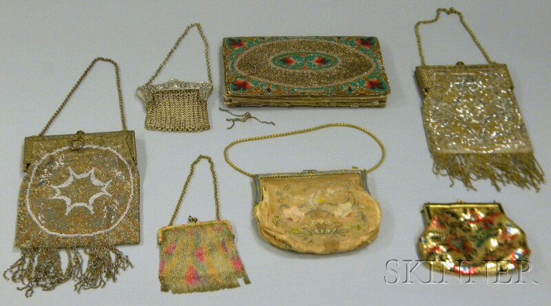Seven Antique and Vintage Purses, three small meta: Seven Antique and Vintage Purses, three small metal mesh; three clutches: one beaded, two French steel beaded; and one embroidered.