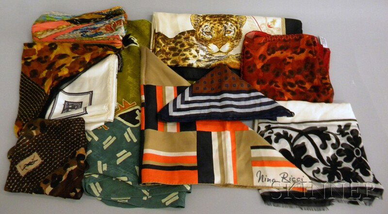 Ten Women's Designer Silk and Cotton Scarves, incl: Ten Women's Designer Silk and Cotton Scarves, including Yves Saint Laurent, Valentino, Ferragamo, Nina Ricci, and a pleated Hermes, "Brise de Charme."