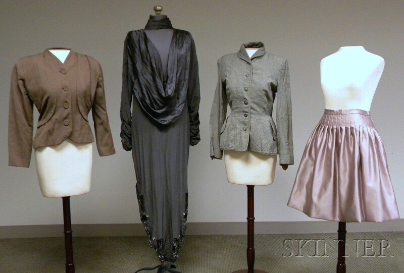Four Vintage Women's Clothing Items, including a l: Four Vintage Women's Clothing Items, including a long gray silk and beaded dress with drape-neck and ruching at wrists, a pleated satin knee-length skirt from Neiman Marcus, and two wool-blend jackets