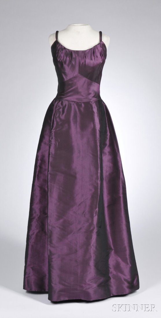 Karl Lagerfeld for Jean Patou Evening Dress, c. 19: Karl Lagerfeld for Jean Patou Evening Dress, c. 1962, couture, purple silk satin with interior corset, approx. size 8, labeled "Jean Patou Paris." Provenance: Purchased from Didier Ludot, Paris, worn 