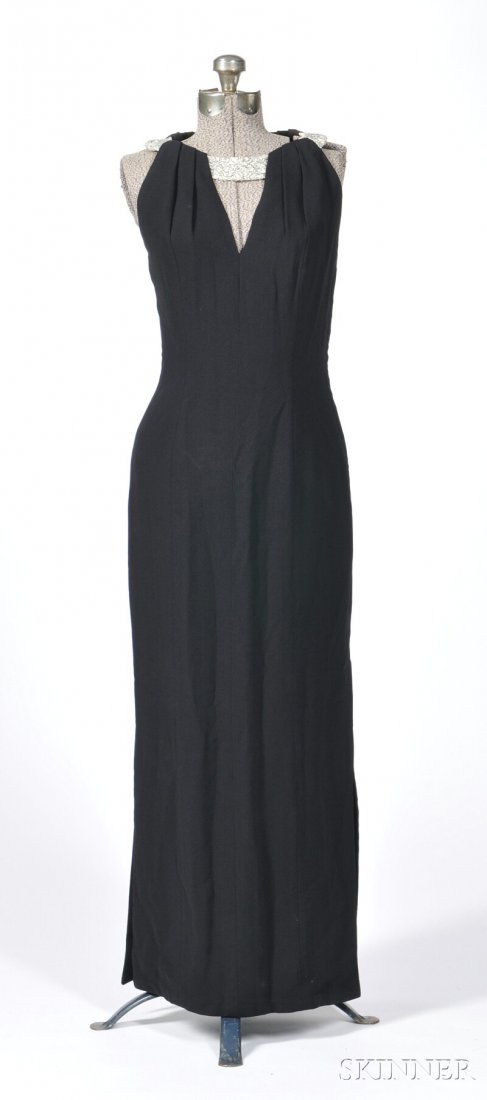 Black Evening Dress by Estevez, long, form-fitting: Black Evening Dress by Estevez, long, form-fitting gown with beaded collar, approx. size 4.