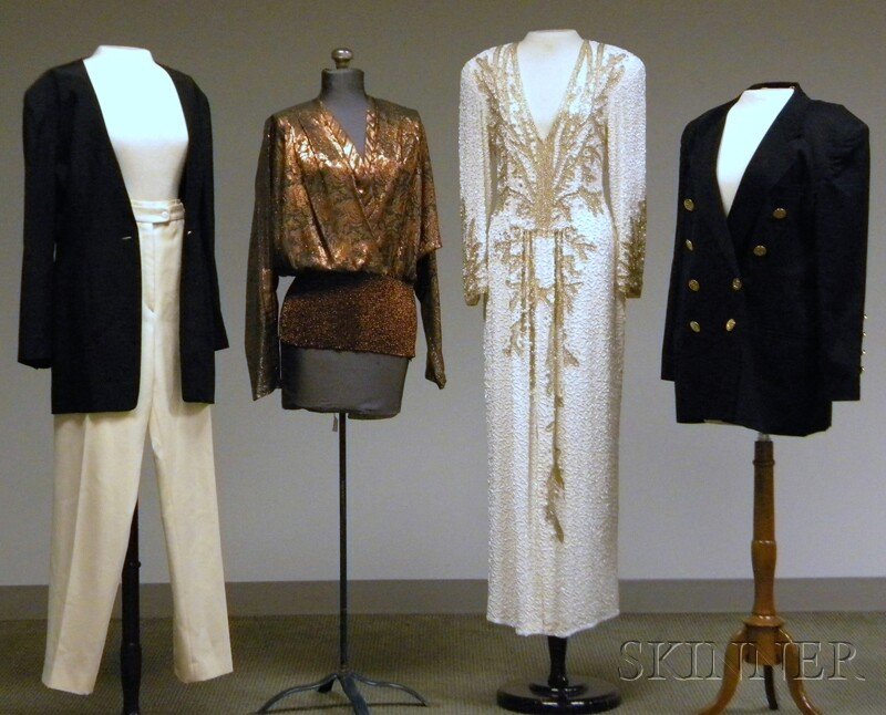 Five Designer Women's Clothing Items Including a C: Five Designer Women's Clothing Items Including a Cyreld Paris Beaded Gown, a black Badgley Mischka blazer, a navy blue Escada double-breasted blazer with gold-tone buttons, a Cyreld Paris beaded long-