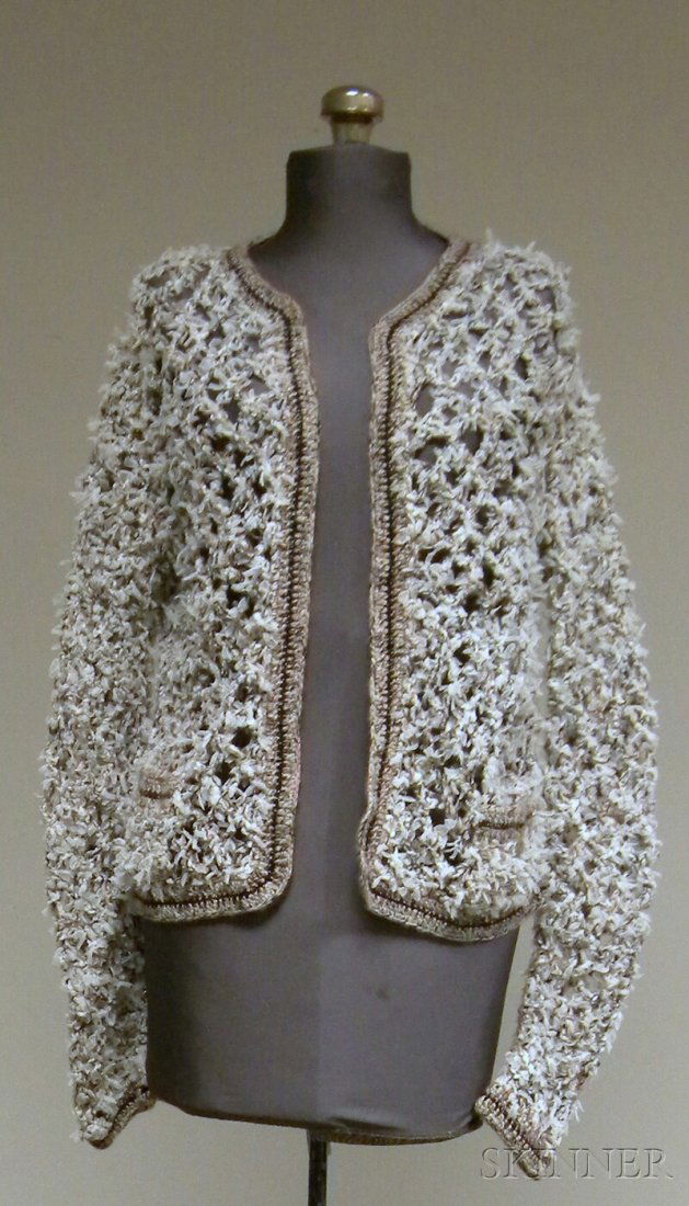 Chanel Open-knit Sweater Jacket, with pockets, mad: Chanel Open-knit Sweater Jacket, with pockets, made with knotted mesh yarn, cashmere-blend, approx. size M.