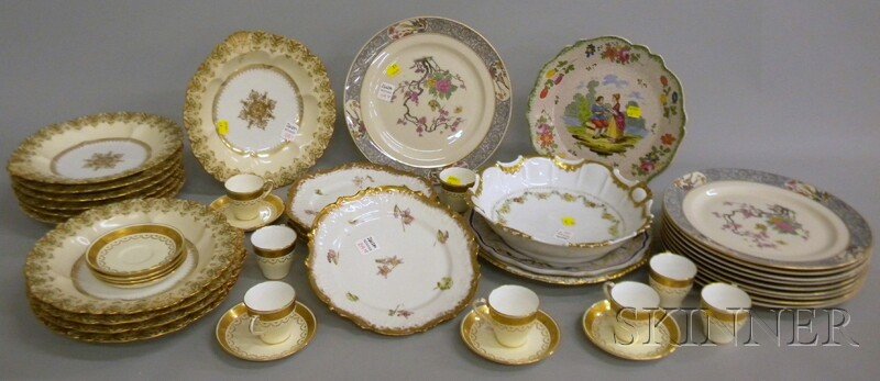 Forty-five Pieces of Porcelain and Pottery Tablewa: Forty-five Pieces of Porcelain and Pottery Tableware, a set of eleven C. Arenfeldt Limoges gilt and transfer-decorated soup plates, a set of four Limoges gilt and transfer dessert plates, a set of ten