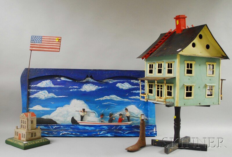 Four Assorted Folk Art and Decorative Items, a Geo: Four Assorted Folk Art and Decorative Items, a George Murphy "A Fair Copy" painted wood Federal Paint Manufactory, Nantucket, 1819 model, a cast iron shoemaker's form, a painted metal house-form birdh