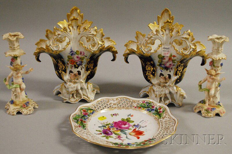 Five Assorted Decorated Porcelain Table Items, a p: Five Assorted Decorated Porcelain Table Items, a pair of Paris porcelain gilt and hand-painted garniture vases, a pair of Dresden-type figural candlesticks, and a hand-painted floral-decorated plate,