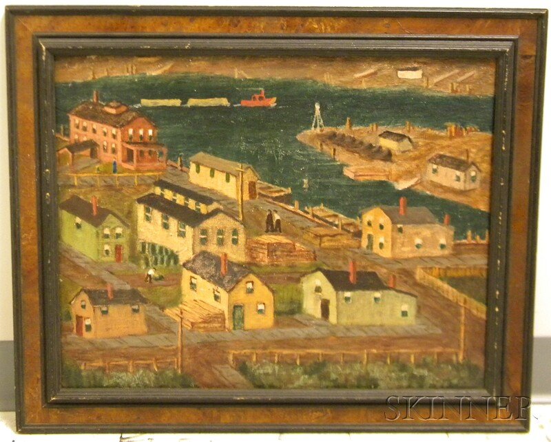 20th Century American School Oil on Panel View of: 20th Century American School Oil on Panel View of New Jersey Docks, signed l.r. "...Vockeki(?)," framed, canvas 18 x 23 in. Provenance: Estate of Susan Parrish.