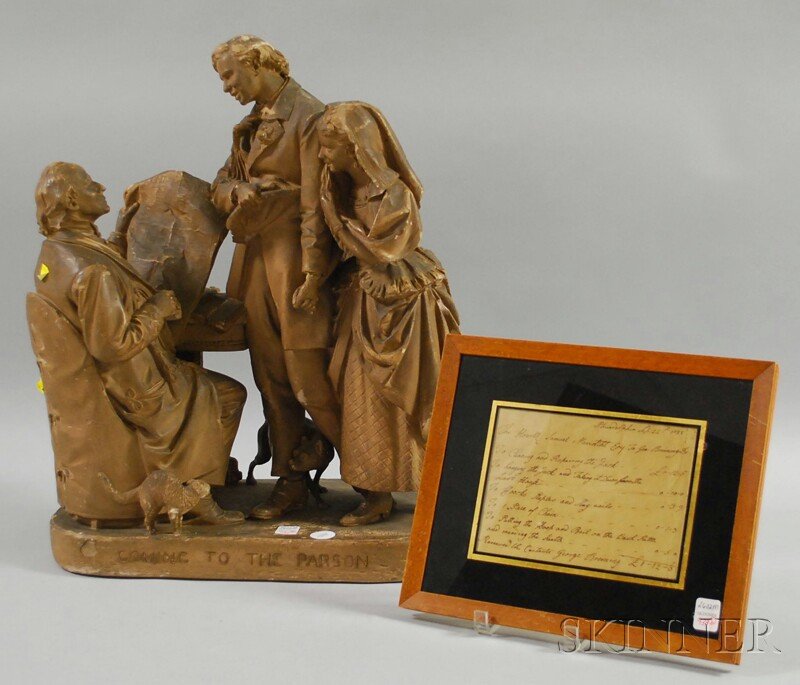 John Rogers Painted Plaster Figural Group Coming t: John Rogers Painted Plaster Figural Group Coming to the Parson and a Framed 1788 Handwritten Receipt Between Samuel "Meridiht" (Meredith) Esq. and Paul Breining of Philadelphia for Work and Supplies,