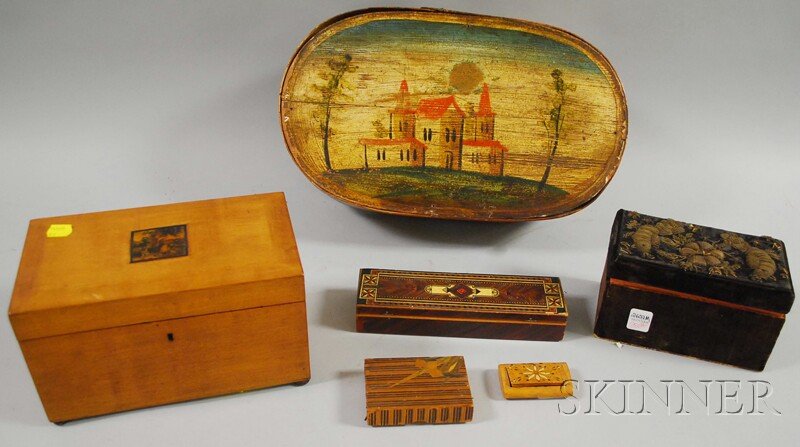 Six Assorted Boxes, an embroidered velvet-clad box: Six Assorted Boxes, an embroidered velvet-clad box, a penwork scenic inlaid satinwood double tea caddy, an inlaid snuff box, a folk painted oval wood lap-sided box with cover, and two small parquetry 