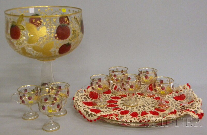 German Gilt and Stained Etched Colorless Glass Foo: German Gilt and Stained Etched Colorless Glass Footed Punch Bowl with Undertray and Eight Footed Cups, bowl and cups with vine and berries pattern, the bowl ht. 15 1/4, dia. 12 1/2 in.