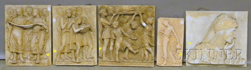 Five Classical Cast Plaster Relief Panels, includ: Five Classical Cast Plaster Relief Panels, including one P.P. Caproni & Bro. Plastic Arts, Boston, 20 x 18 1/4, 20 x 15, 19 3/4 x 14 3/4, 16 x 8 3/4, and 18 1/4 x 19 in.