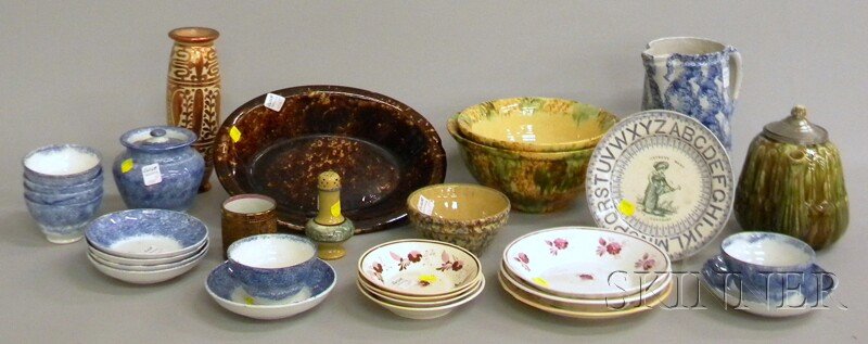 Group of Mostly Country and English Ceramic Table: Group of Mostly Country and English Ceramic Tableware, including a pair of mixing bowls, mocha pepper pot, nine pieces of lustreware, a glazed teapot, a spongeware pitcher, six cups and saucers, a cov