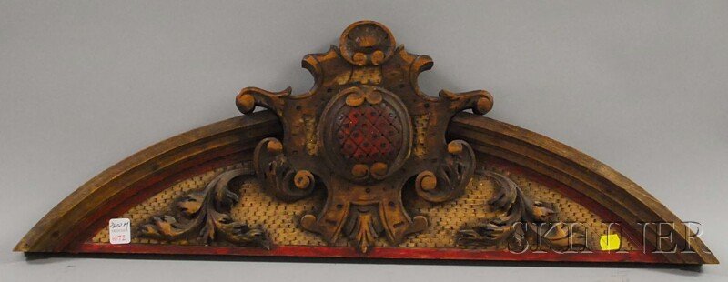 Painted Carved Wood Cornice, with central scrollw: Painted Carved Wood Cornice, with central scrollwork cartouche and shell-form crest above a central red-painted medallion, either side with stepped molding to top edge, red-painted border to textured 