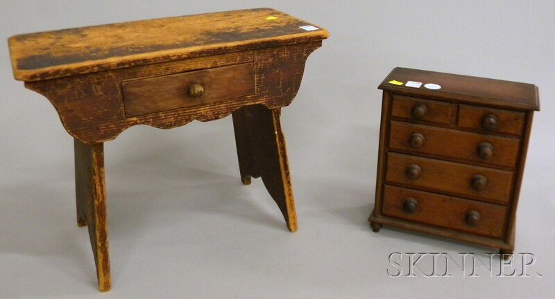 Miniature Walnut Five-drawer Bureau and a Country: Miniature Walnut Five-drawer Bureau and a Country Pine Footstool, the bureau ht. 11, wd. 9 5/8, dp. 4 1/4 in.