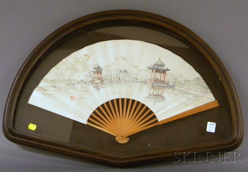 Framed G.S. Hill Watercolor View of an Asian Gard: Framed G.S. Hill Watercolor View of an Asian Garden on Paper Hand Fan with Wood Guards, signed and dated in pencil "G.S. Hill '84," in a shadow box frame.