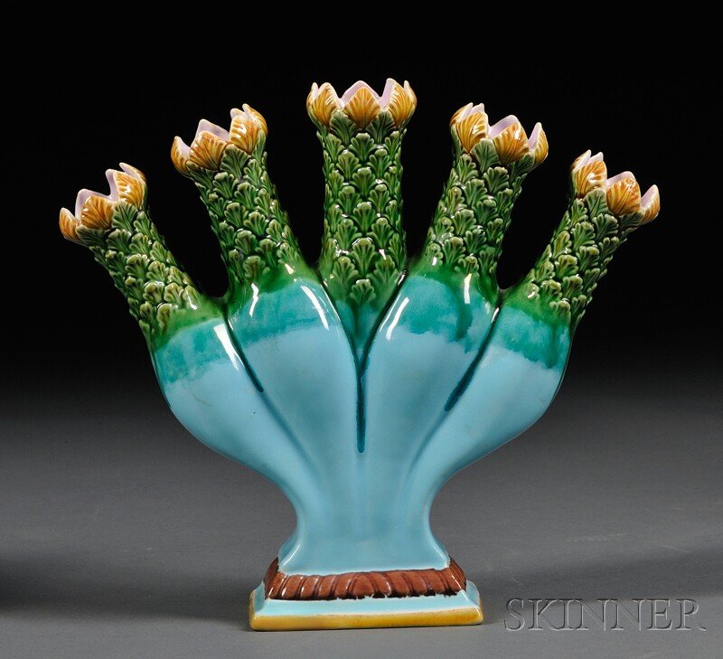 Minton Majolica Tulipiere, England, c. 1865-75, wi: Minton Majolica Tulipiere, England, c. 1865-75, with five foliate stem vases on turquoise ground, on rectangular foot, impressed factory mark and illegible date cipher, ht. 8 in.