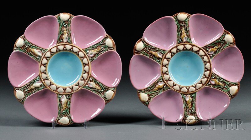 Pair of Minton Majolica Oyster Plates, England, 18: Pair of Minton Majolica Oyster Plates, England, 1874, 1876, each with molded shell-decorated compartments and shell border to central well, impressed marks, dia. 9 in.