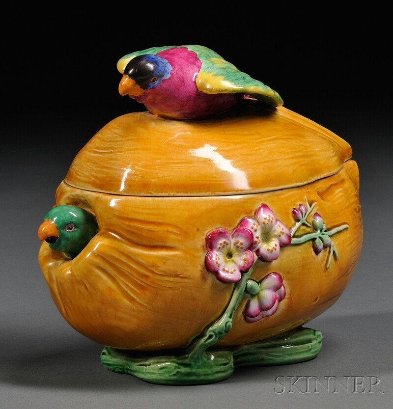 Minton Majolica Dish and Cover, England, late 19th: Minton Majolica Dish and Cover, England, late 19th century, modeled as a gourd with a bird on the inside of the dish and bird-shaped finial to cover, impressed marks, date cipher indistinct, ht. 5 3/4