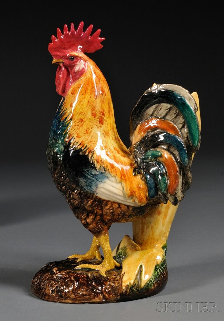 Massier Majolica Rooster, Vallauris, France, late: Massier Majolica Rooster, Vallauris, France, late 19th century, attributed to Delphin Massier, with cornhusk, signed, ht. 12 1/2 in.