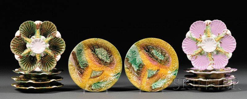 Ten Majolica Plates, England, 19th century, eight: Ten Majolica Plates, England, 19th century, eight George Jones oyster plates: four with green and four purple, all with pad mark and number 3589, dia. 8 3/4; and two leaf-textured plates, dia. 8 1/2 i