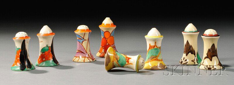 Fours Pairs of Clarice Cliff Bizarre Ware Salt and: Fours Pairs of Clarice Cliff Bizarre Ware Salt and Pepper Shakers, England, 20th century, Newport Pottery Co., two pairs Alpine and Berries patterns, a pair with brown flowers and green leaves, and a