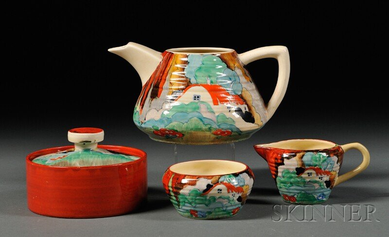 Four Clarice Cliff Forest Glen Pattern Items, Engl: Four Clarice Cliff Forest Glen Pattern Items, England, 20th century, Newport and Wilkinson potteries, a three-piece tea service: teapot, ht. 3 1/4, sugar and creamer; and a jam pot with red base and p
