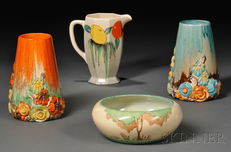 Four Clarice Cliff Bizarre Ware Items, England, 20: Four Clarice Cliff Bizarre Ware Items, England, 20th century, Newport and Wilkinson potteries, an Athens jug in the Delecia pattern with backstamps for both firms and indistinct raised numbers, ht. 7