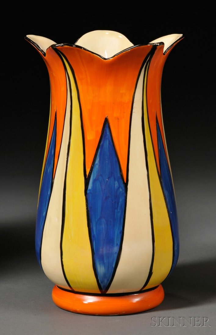 Clarice Cliff Bizarre Ware Vase, England, 20th cen: Clarice Cliff Bizarre Ware Vase, England, 20th century, Newport Pottery Co., the tulip-form decorated with polychrome geometric pattern, shape "361," with backstamp, ht. 8 1/4 in.