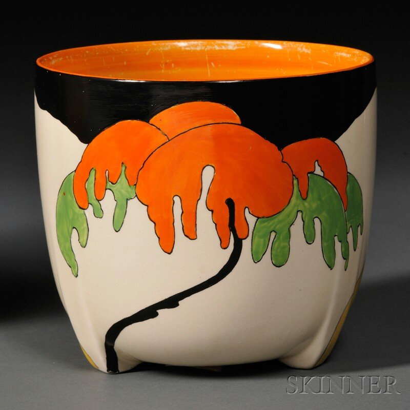Clarice Cliff Planter, England, 20th century, Wilk: Clarice Cliff Planter, England, 20th century, Wilkinson Ltd., decorated in the Woodland pattern, on three shaped feet, with backstamp, dia. 7 1/2 in.