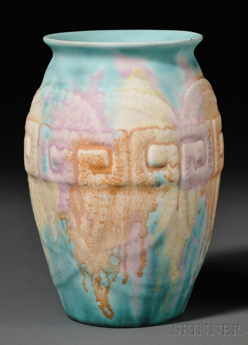 Clarice Cliff Bizarre Ware Vase, England, 20th cen: Clarice Cliff Bizarre Ware Vase, England, 20th century, Newport Pottery Co., baluster-form with molded decoration and matte glaze in pastel colors, shape "390," with backstamp, ht. 8 1/2 in.