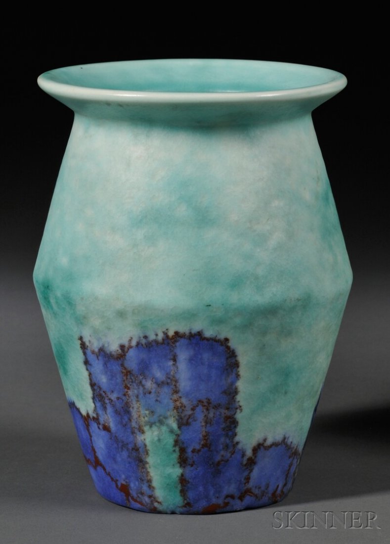 Clarice Cliff Bizarre Ware Vase, England, 20th cen: Clarice Cliff Bizarre Ware Vase, England, 20th century, Wilkinson Ltd., with flared rim and canted sides, abstracted matte glaze in blues and oranges against a turquoise ground, printed backstamp, ht.