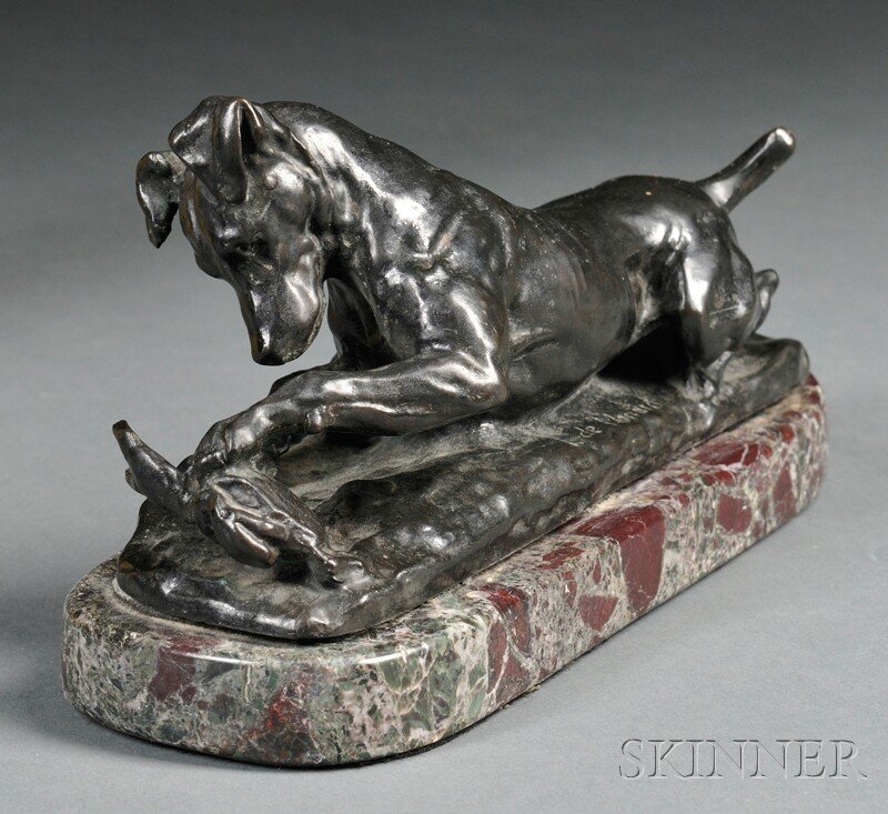 Louis de Monard (French, 1873-1939) Bronze Figure: Louis de Monard (French, 1873-1939) Bronze Figure of a Terrier with a Crab, modeled pawing at a crab with a raised tail, dark brown patina, incised signature on base, lg. 7 1/2, ht. 3 1/2 in., with as