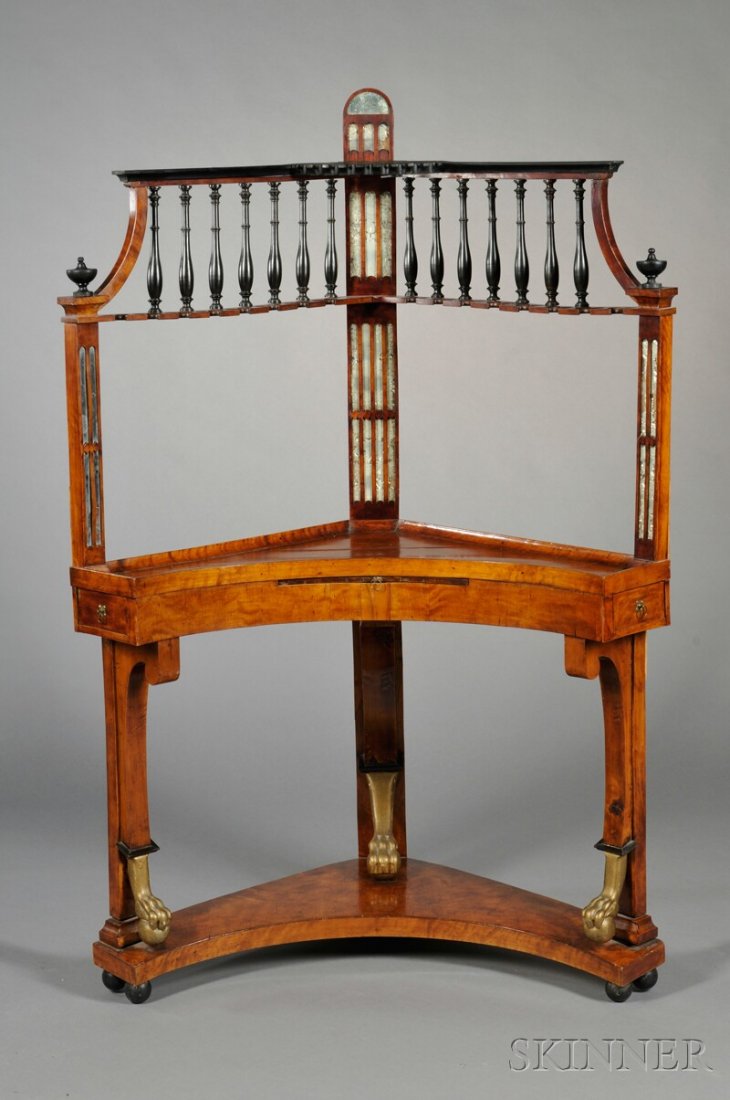 Biedermeier-style Corner Bar Stand, Continental, l: Biedermeier-style Corner Bar Stand, Continental, late 19th century, upper portion with three mirrored supports and gallery made of turned baluster elements, on a concave corner table with two small si